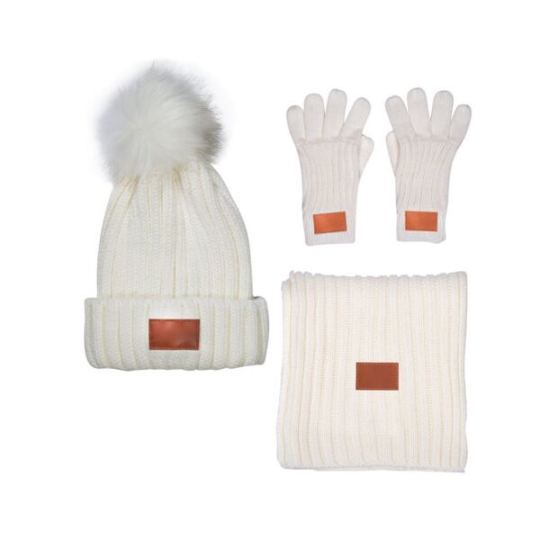 Three-Piece Rib Knit Fur Pom Winter Set Thumbnail