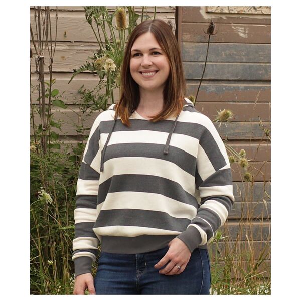 Women's Striped Fleece Boxy Hooded Sweatshirt Thumbnail